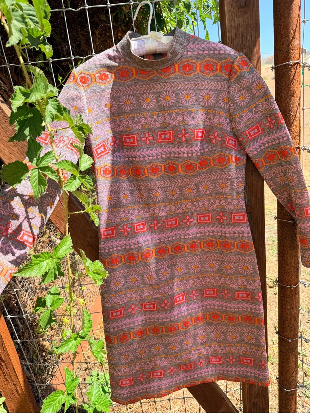 Vintage Orange & Pink Geometric Floral Long Sleeve Dress